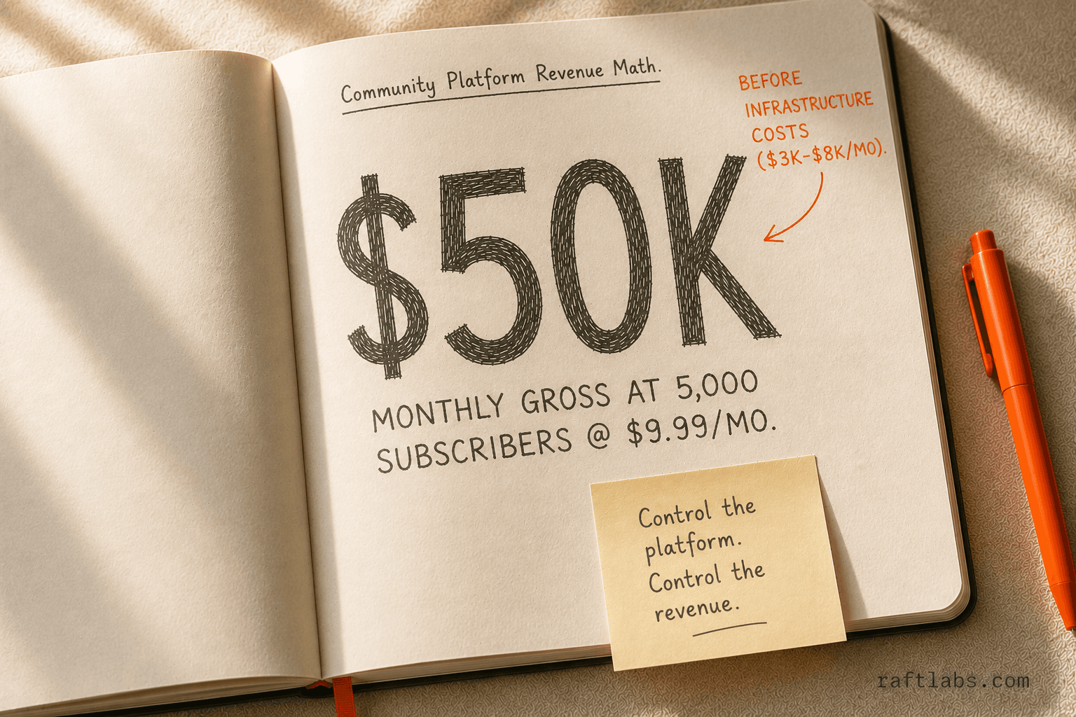 Stat callout showing $50K monthly gross revenue at 5,000 subscribers at $9.99 per month for a community platform