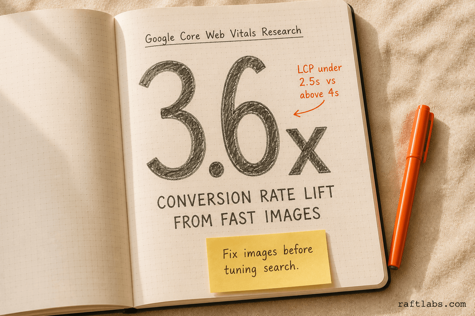 Notebook stat callout showing 3.6x conversion rate difference between fast and slow image load times per Google Core Web Vitals