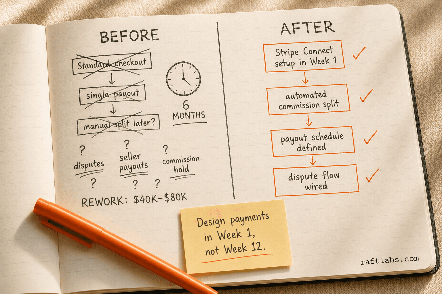 Notebook before-and-after diagram comparing afterthought payment architecture versus Stripe Connect designed from week one