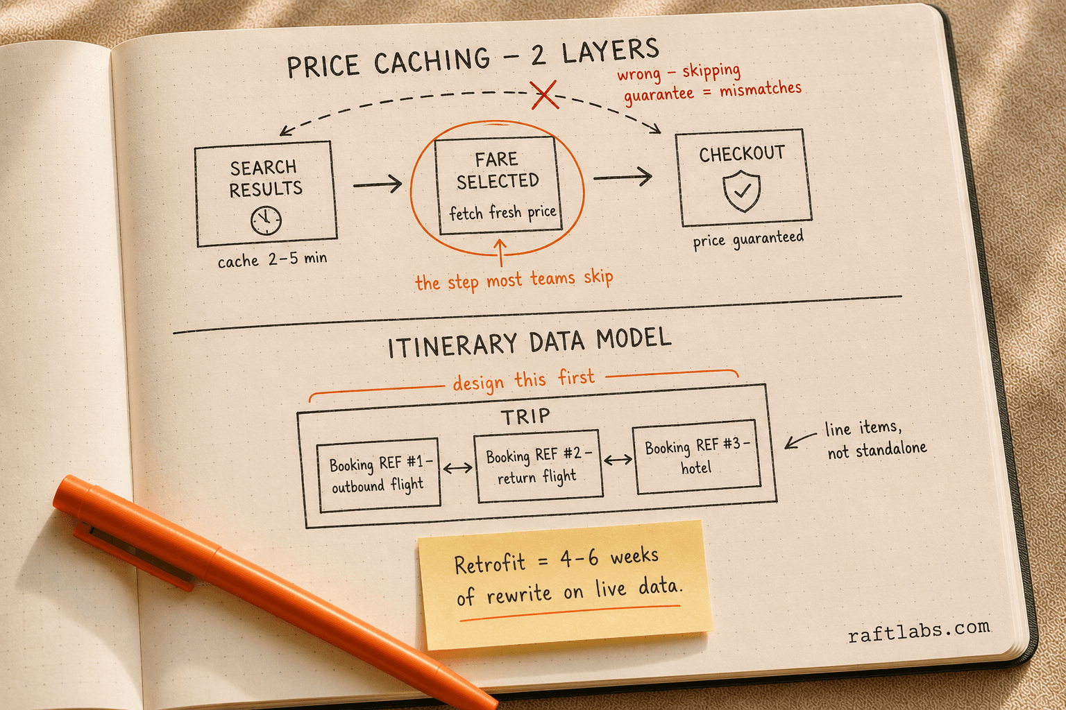 Notebook diagram showing two-layer flight price caching strategy and itinerary data model with trip-as-container structure