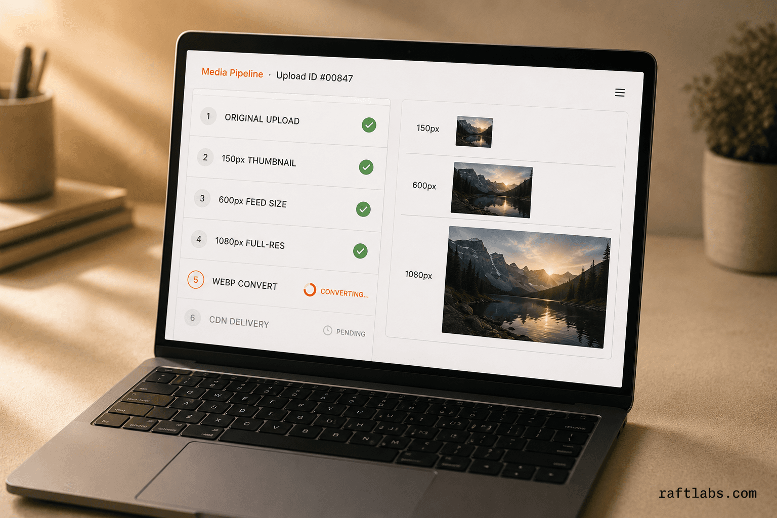 Media pipeline dashboard showing photo transcoding stages from upload to CDN delivery