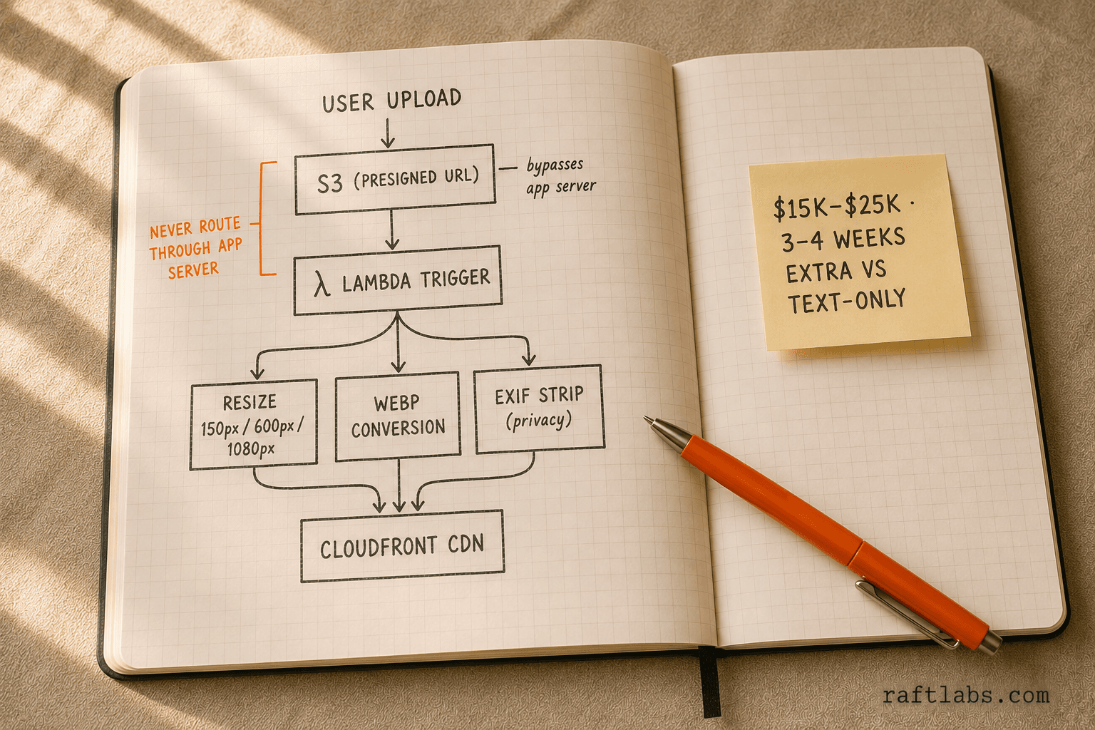 Photo upload pipeline diagram: user upload to S3 presigned URL, Lambda trigger, parallel resize and WebP conversion and EXIF strip, then CloudFront CDN delivery