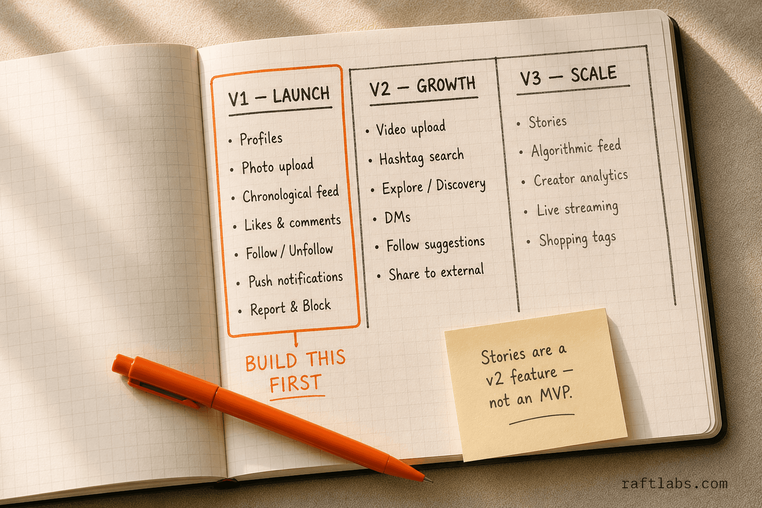 Feature phasing diagram: V1 launch, V2 growth, and V3 scale for a social photo app