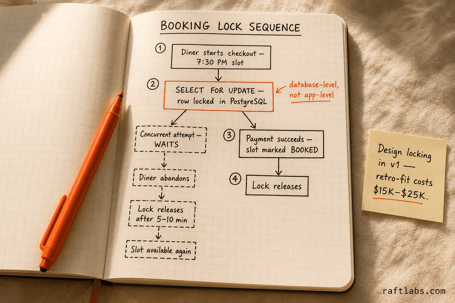 Database-level row locking flow for preventing double bookings in a reservation platform