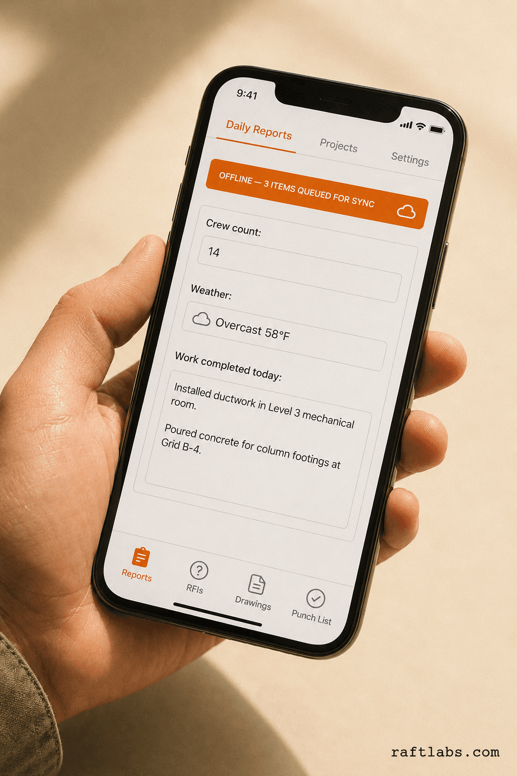 Construction daily report mobile app showing an offline sync banner with 3 items queued — field worker logging crew, weather, and work completed without a live connection