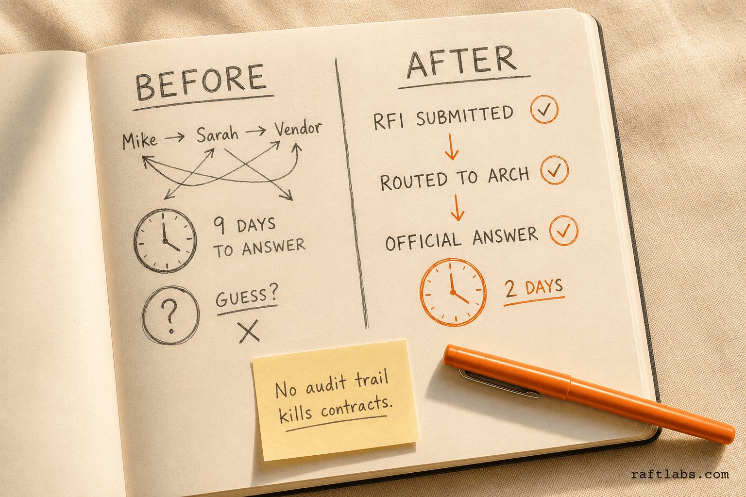 Notebook split showing before vs. after an RFI system — left: tangled email thread with 9-day response time and guessing; right: clean RFI routing flow with official answer in 2 days highlighted in orange ink