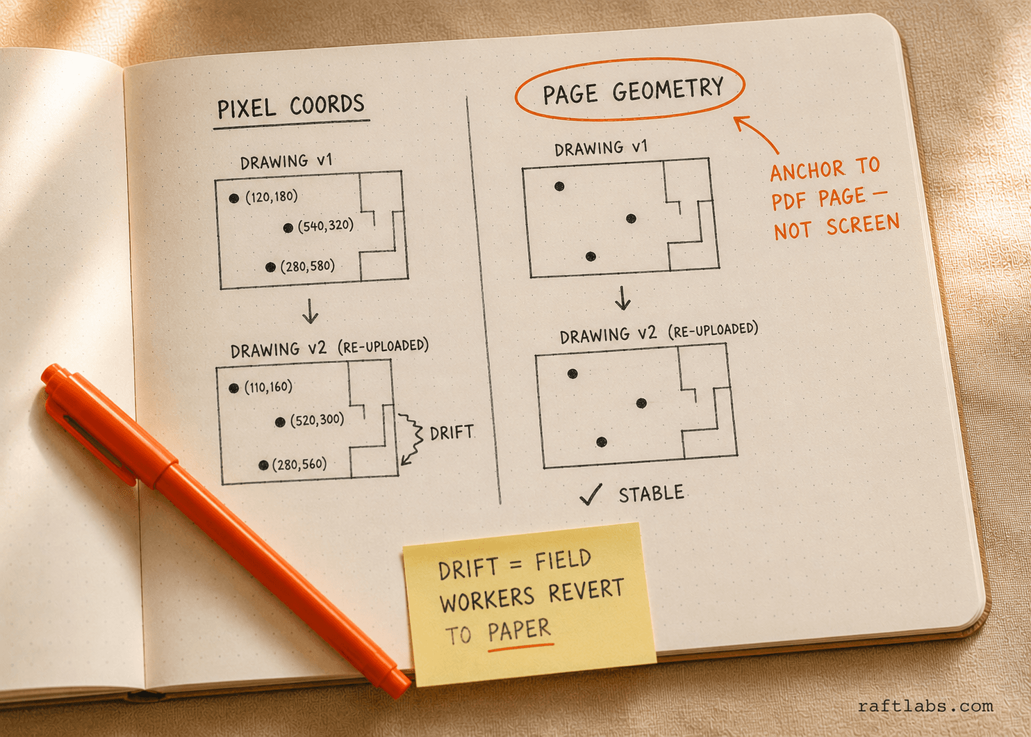 Drawing annotation coordinate systems compared: pixel-coordinate annotations drift when a drawing is re-uploaded at a new resolution; page-geometry anchoring keeps annotations in the correct position across all drawing versions