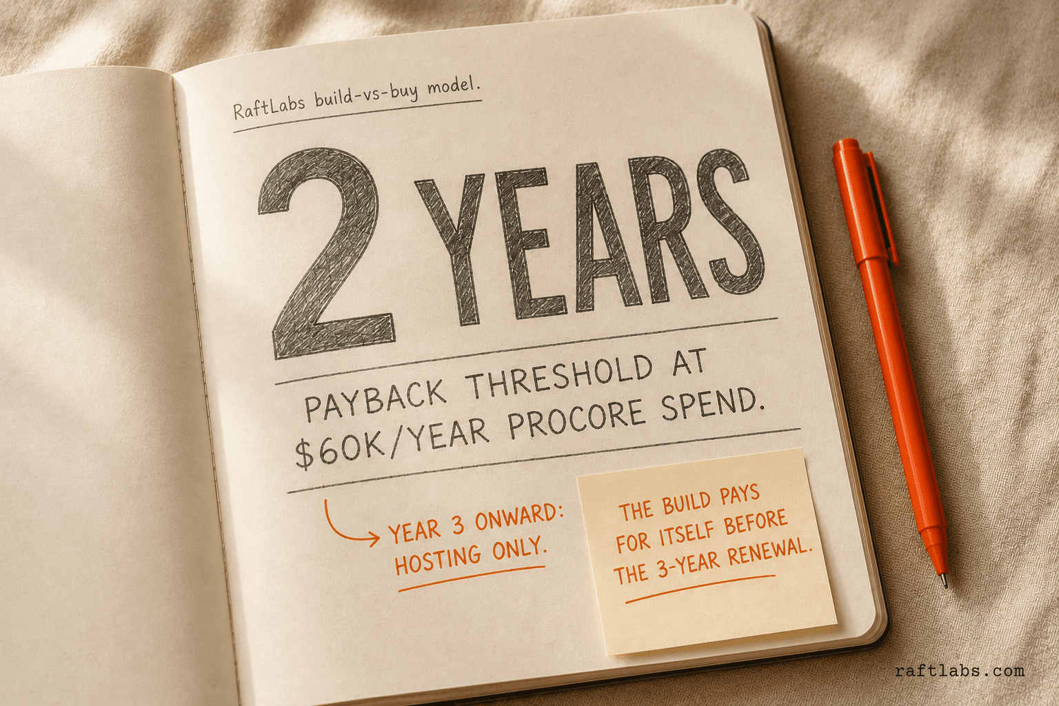 Two-year payback threshold: a custom platform build recovers the cost of a $60,000-per-year Procore subscription in two years; after that, annual costs drop to hosting and maintenance only