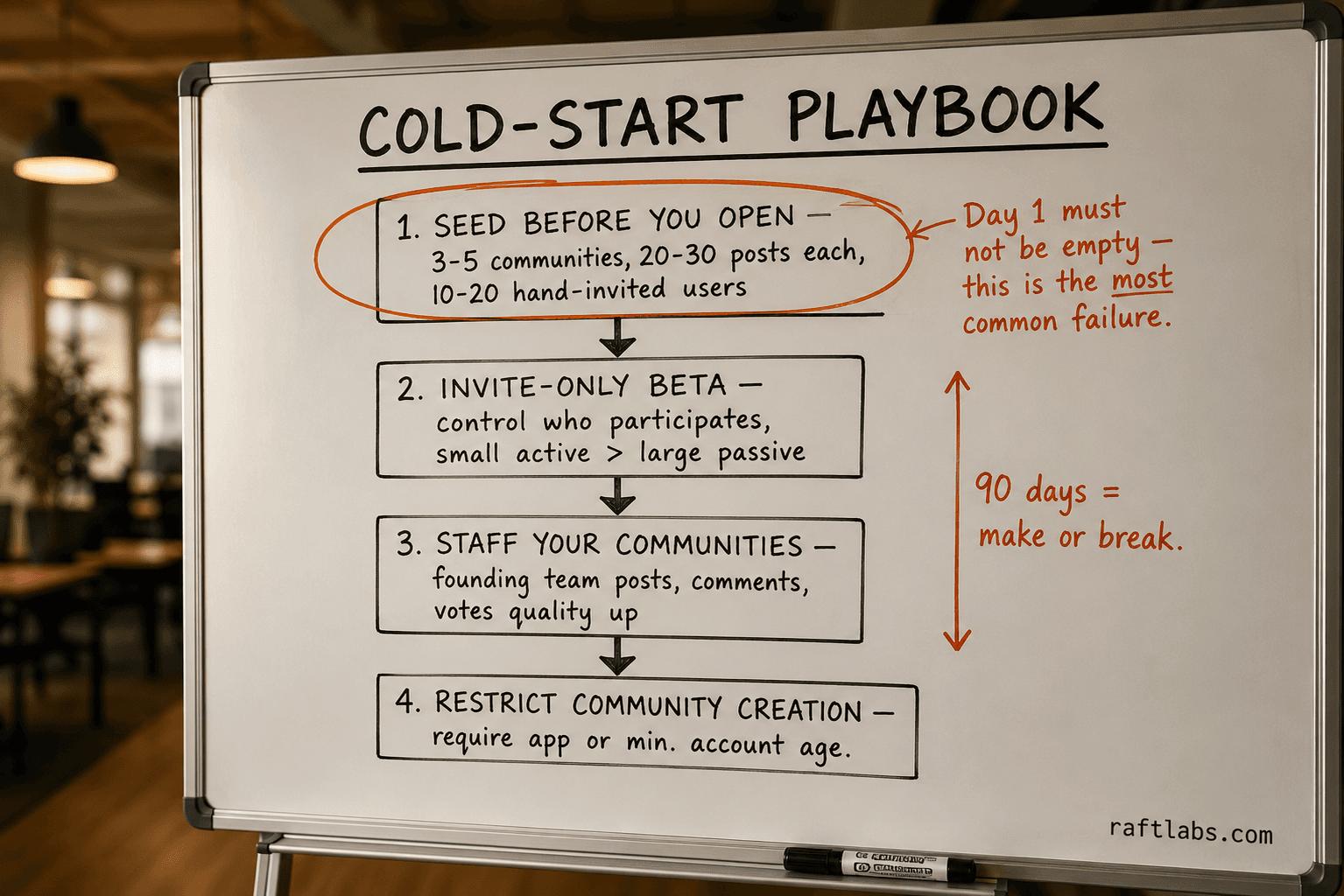 Cold-start playbook whiteboard: four tactics to seed a community platform before public launch