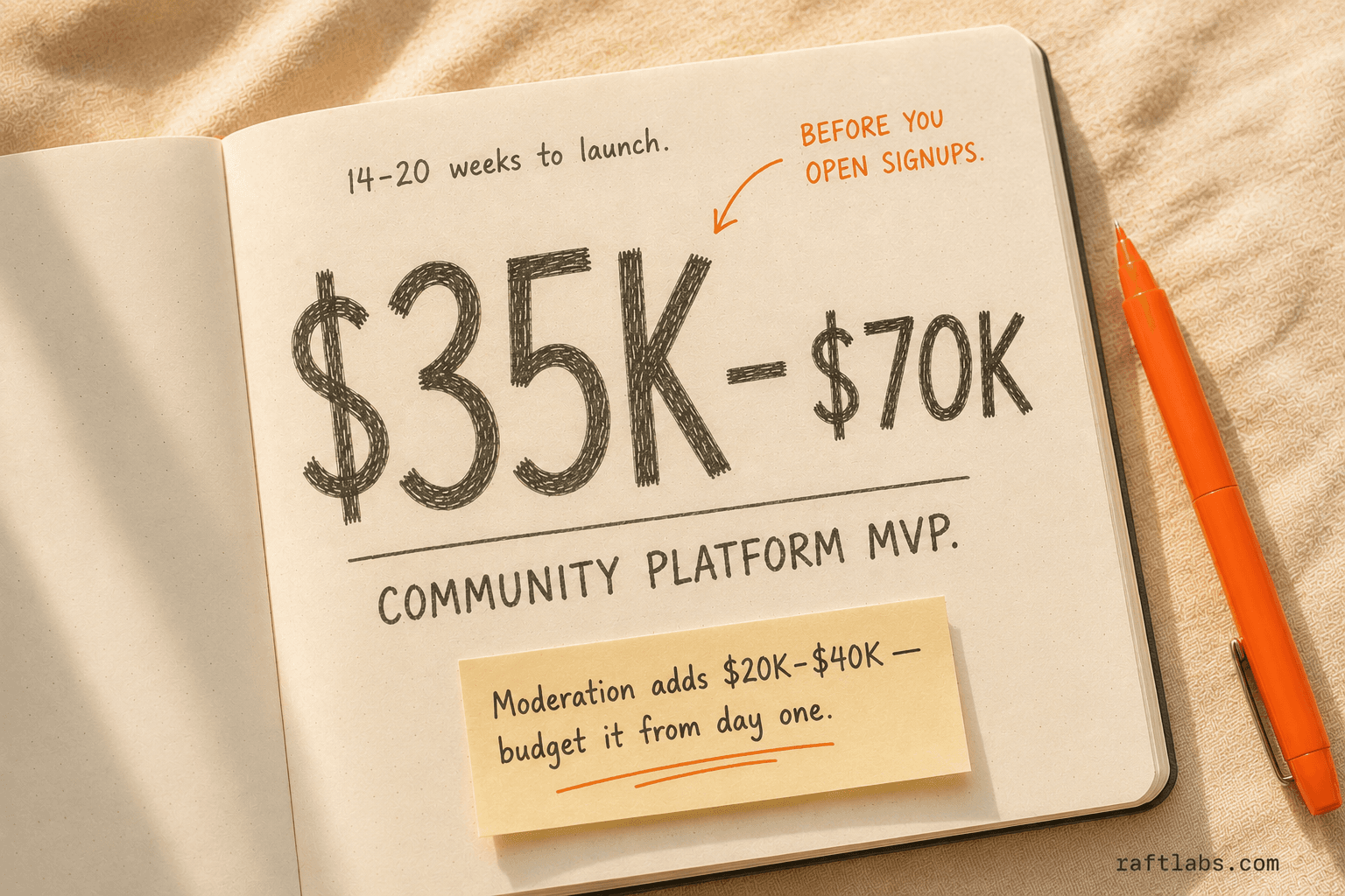 Community platform MVP cost: $35K-$70K, 14-20 weeks to launch, moderation adds $20K-$40K