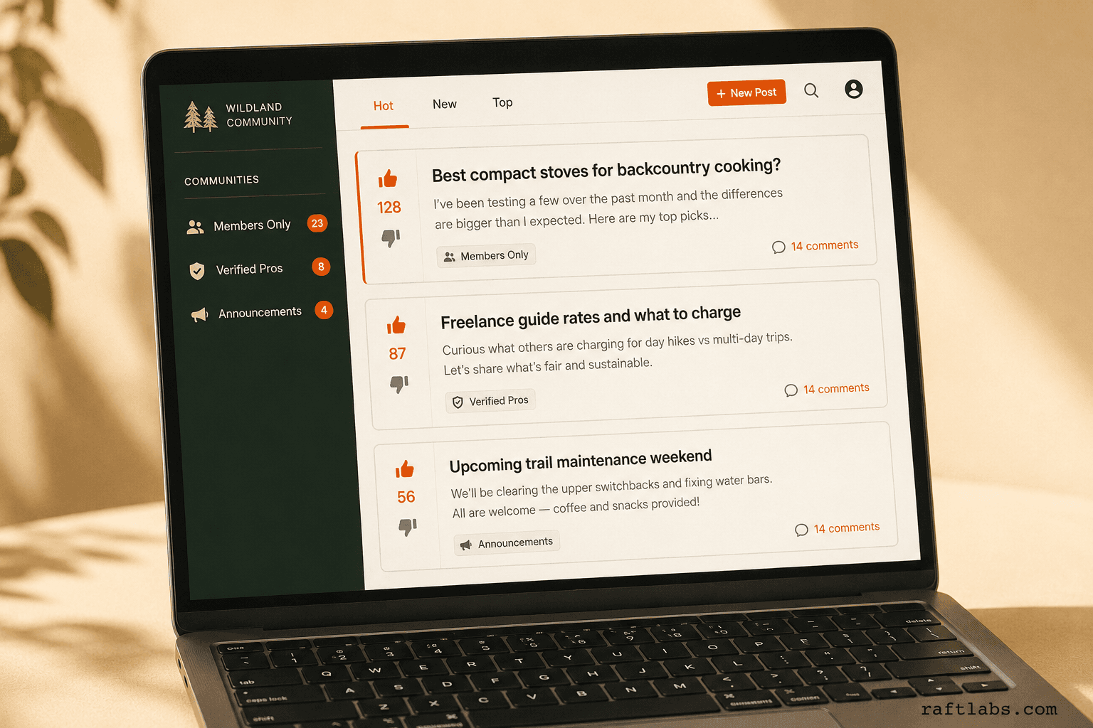 Community platform V1 UI on a laptop: sidebar with communities, post feed with upvote controls, hot/new/top sorting