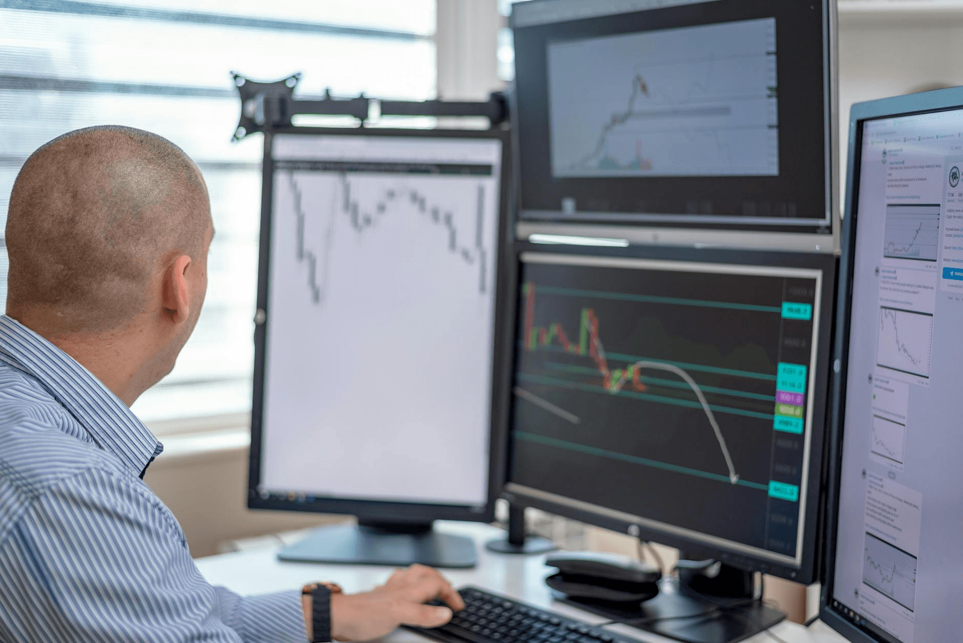 Developer reviewing financial charts on a laptop with a trading dashboard interface