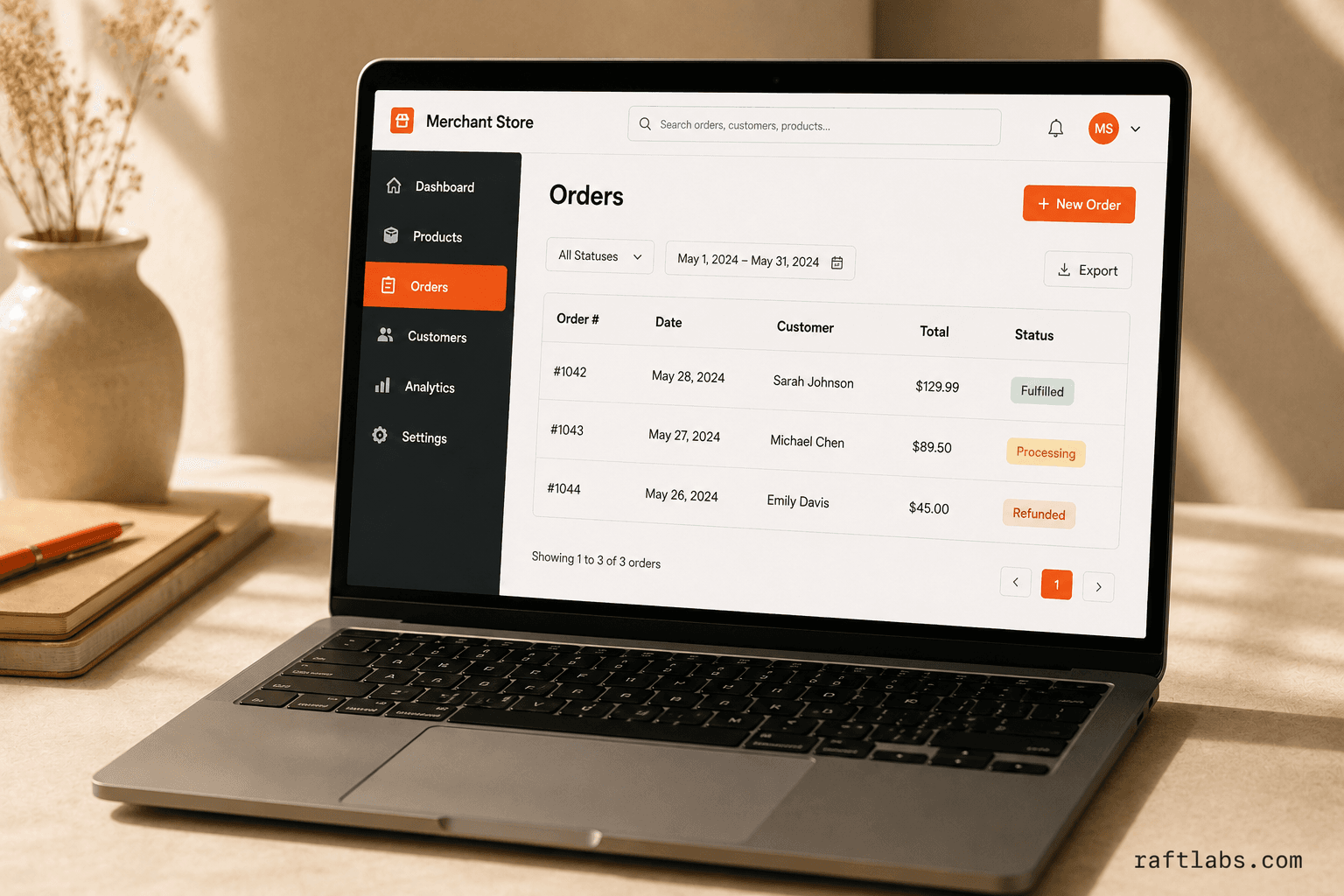 Laptop screen showing a merchant admin portal with orders list, sidebar navigation, and orange accent color — the primary daily-use interface that merchants rely on after launch