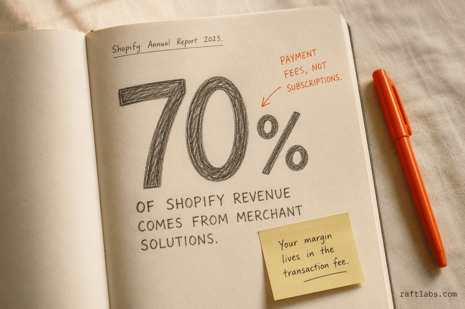 Stat callout showing 70% of Shopify's revenue comes from merchant solutions — payment fees and fulfillment — not subscriptions
