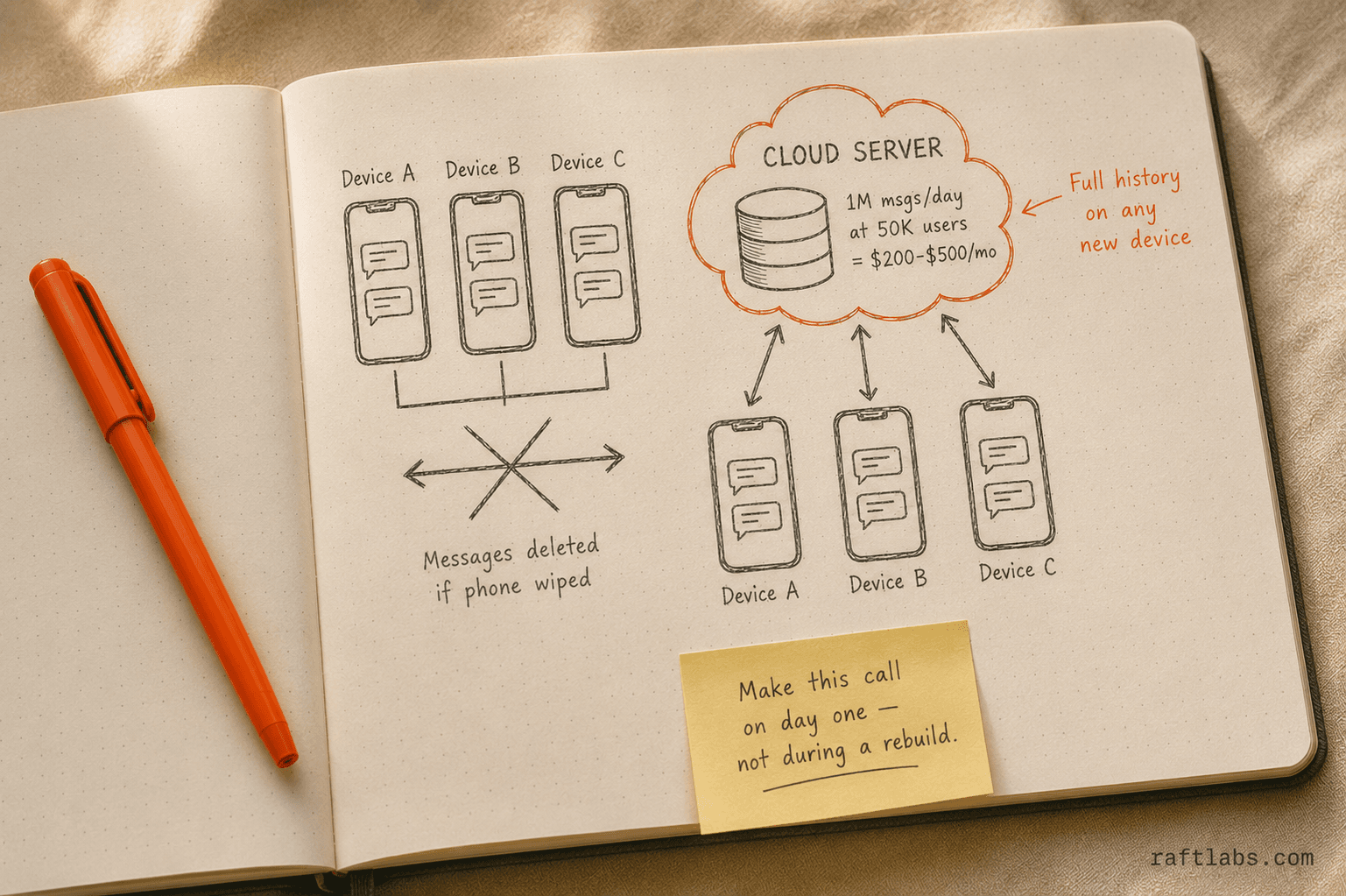 Notebook architecture diagram comparing device-local versus cloud message storage with cost and sync annotations
