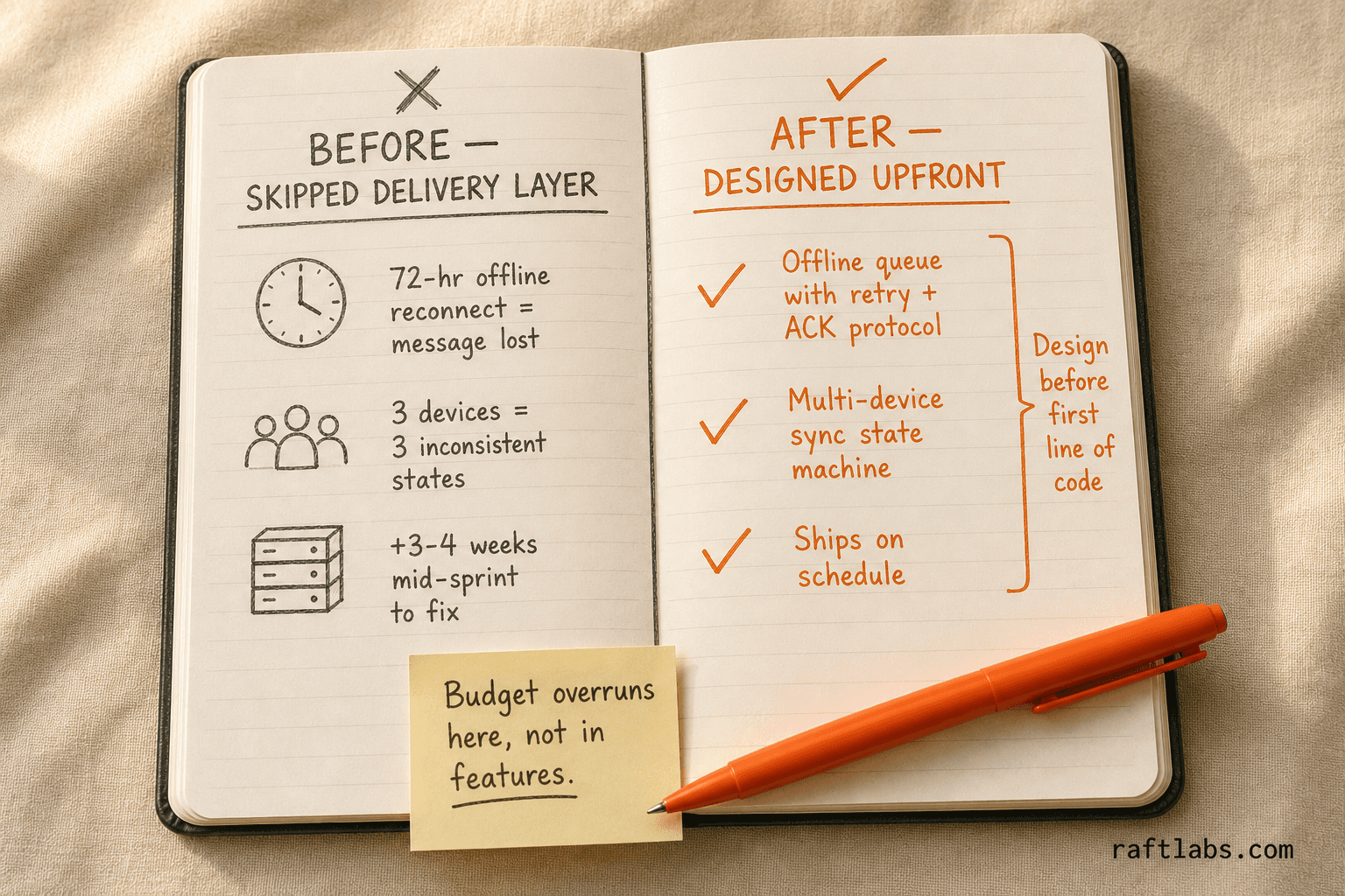 Before and after notebook comparison showing messaging delivery guarantee designed upfront versus skipped and rebuilt mid-sprint at extra cost