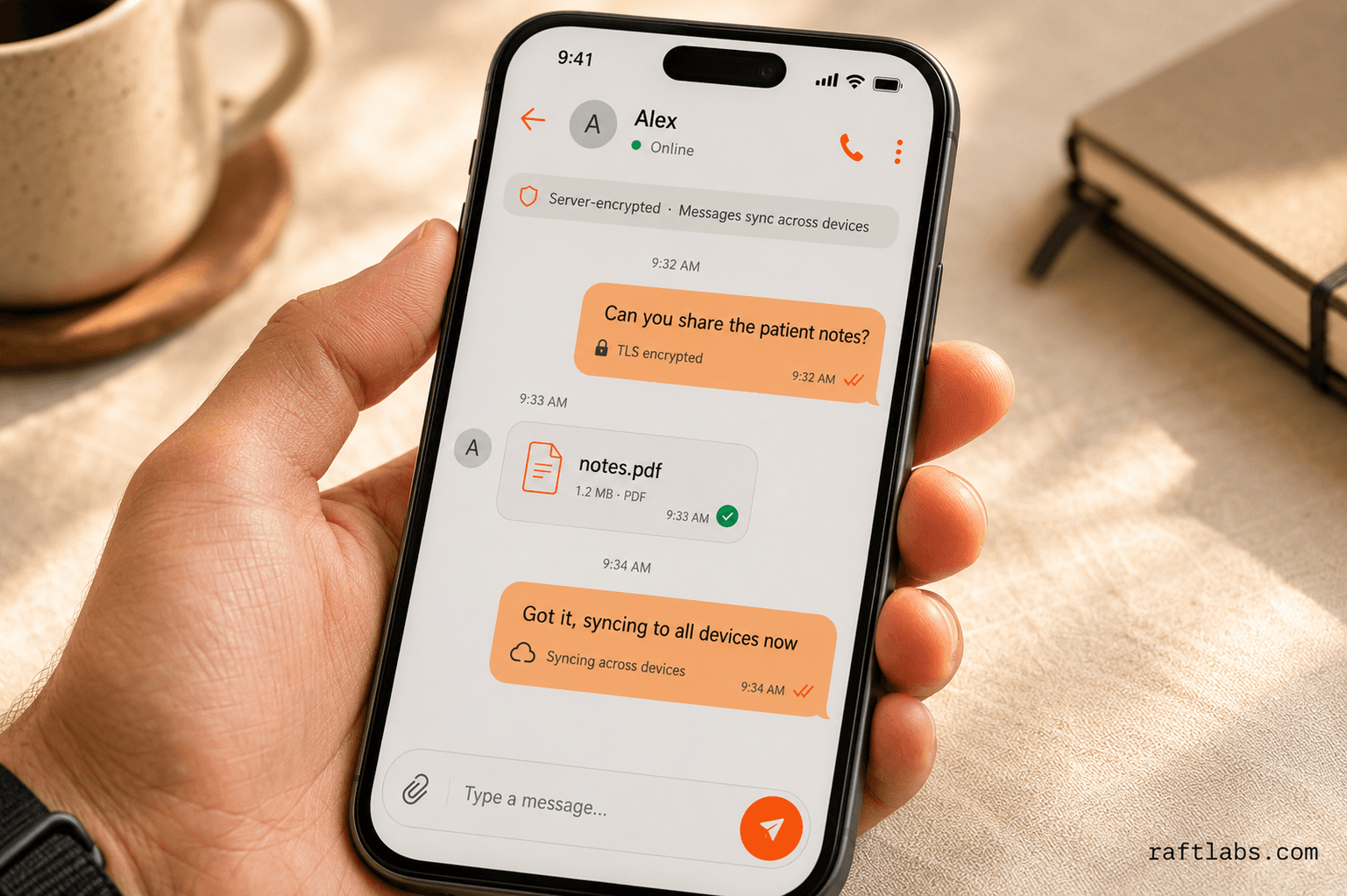 Device screenshot of a messaging app conversation showing TLS-encrypted messages with cloud sync status and delivery receipts