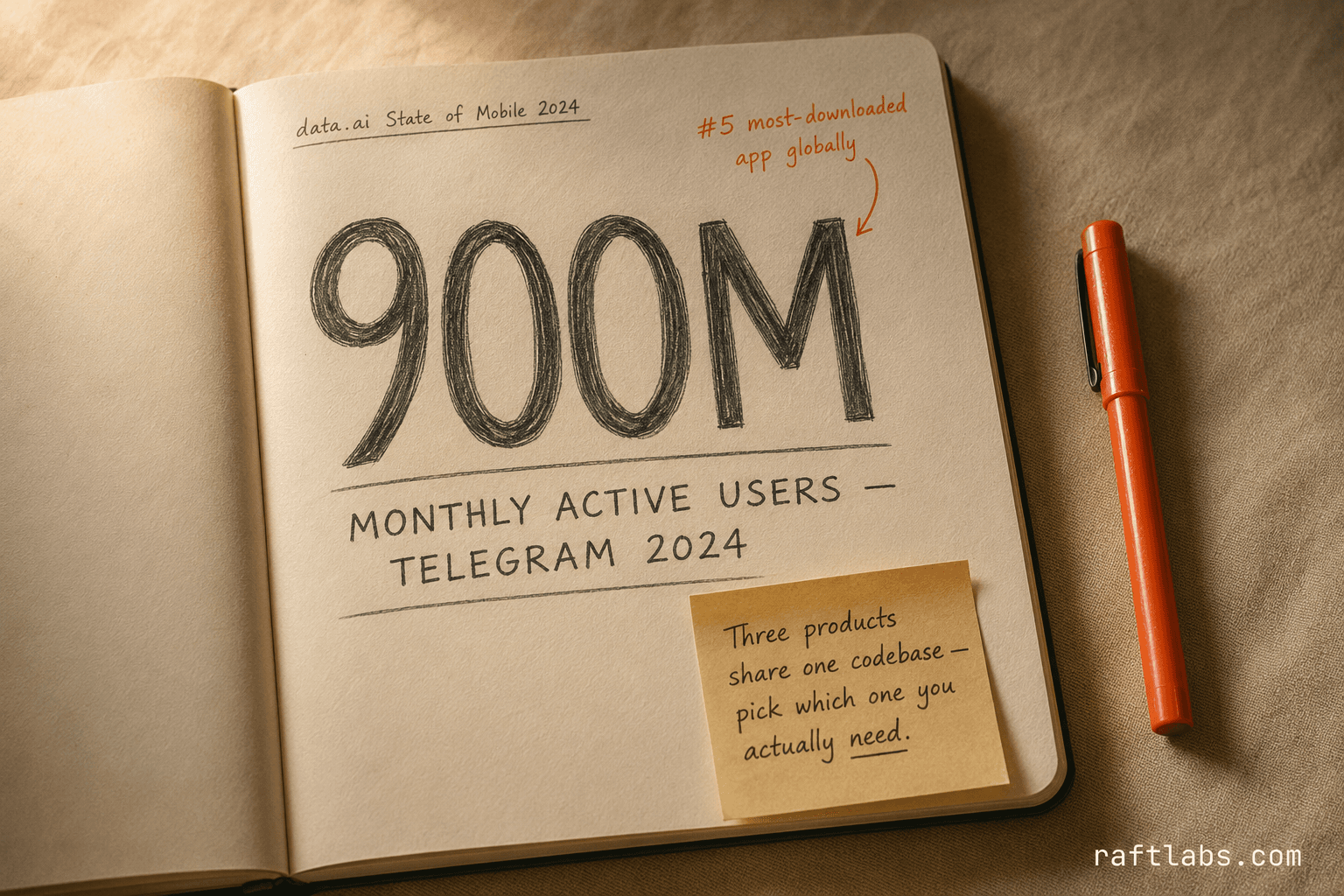 Stat callout showing Telegram's 900 million monthly active users with annotation that it ranks as the fifth most-downloaded app globally
