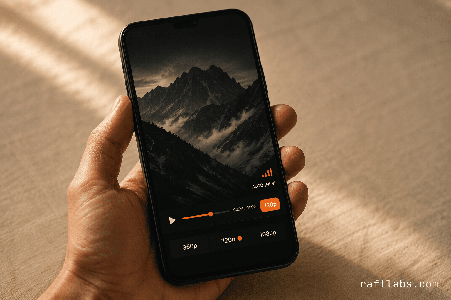 HLS adaptive bitrate streaming adjusts video quality automatically — 360p on slow connections, 1080p on fast ones — preventing the buffering that kills engagement