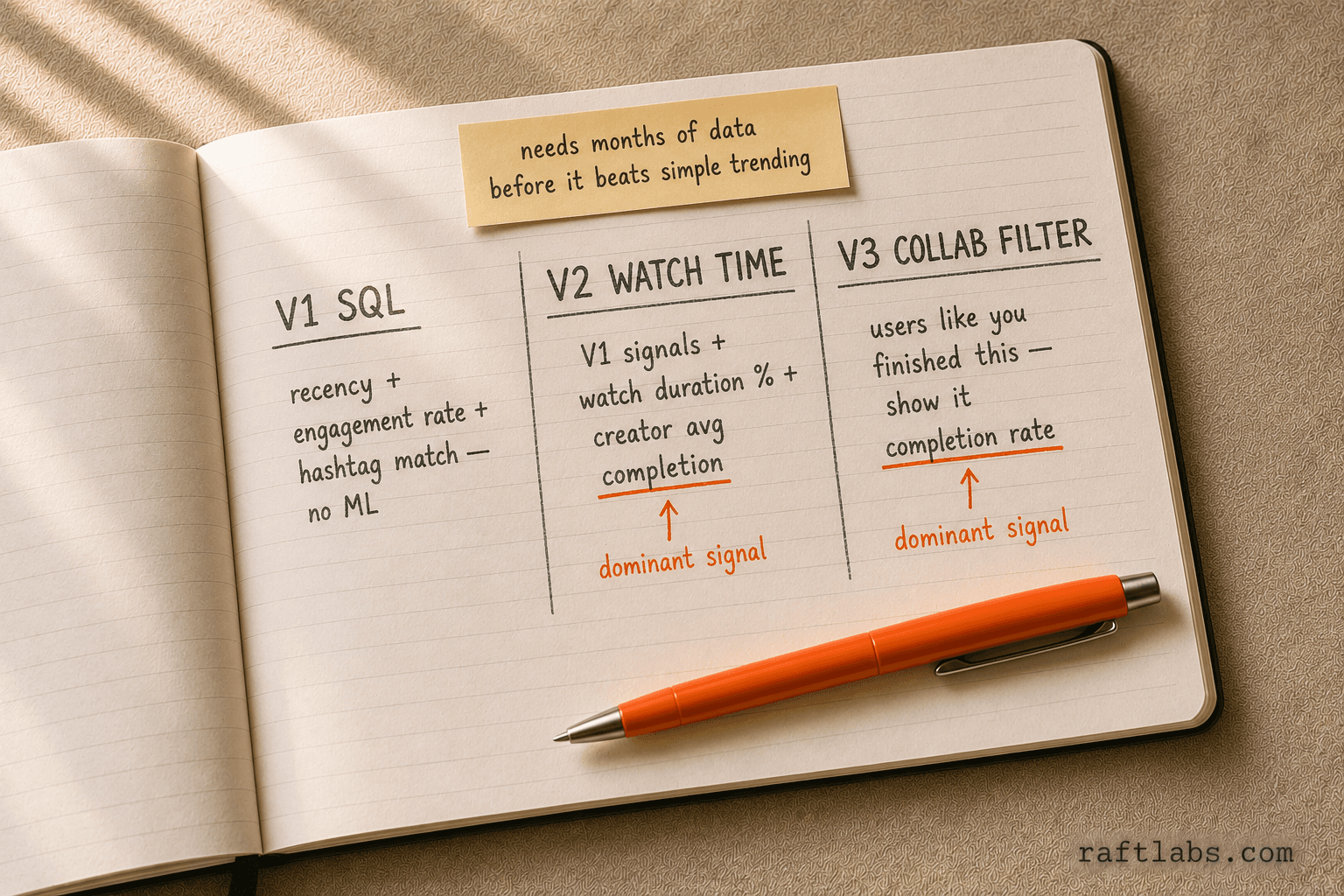 Three-phase recommendation algorithm: V1 SQL engagement weighting, V2 watch-time signals, V3 collaborative filtering