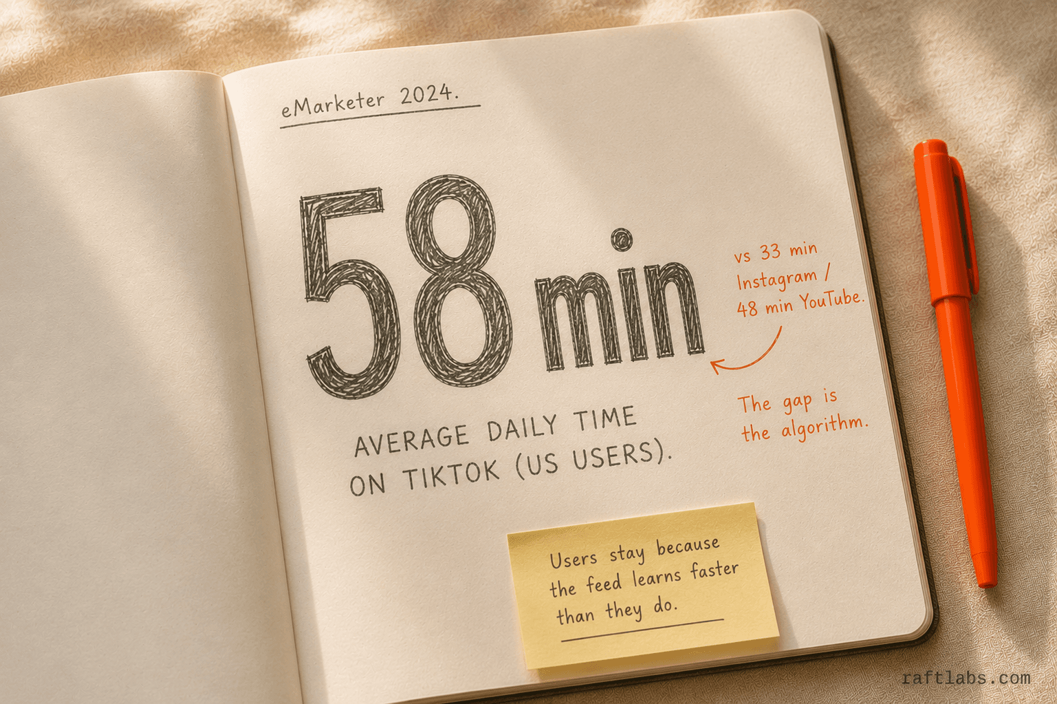 TikTok users spend 58 minutes per day on average — far more than Instagram at 33 minutes or YouTube at 48 minutes