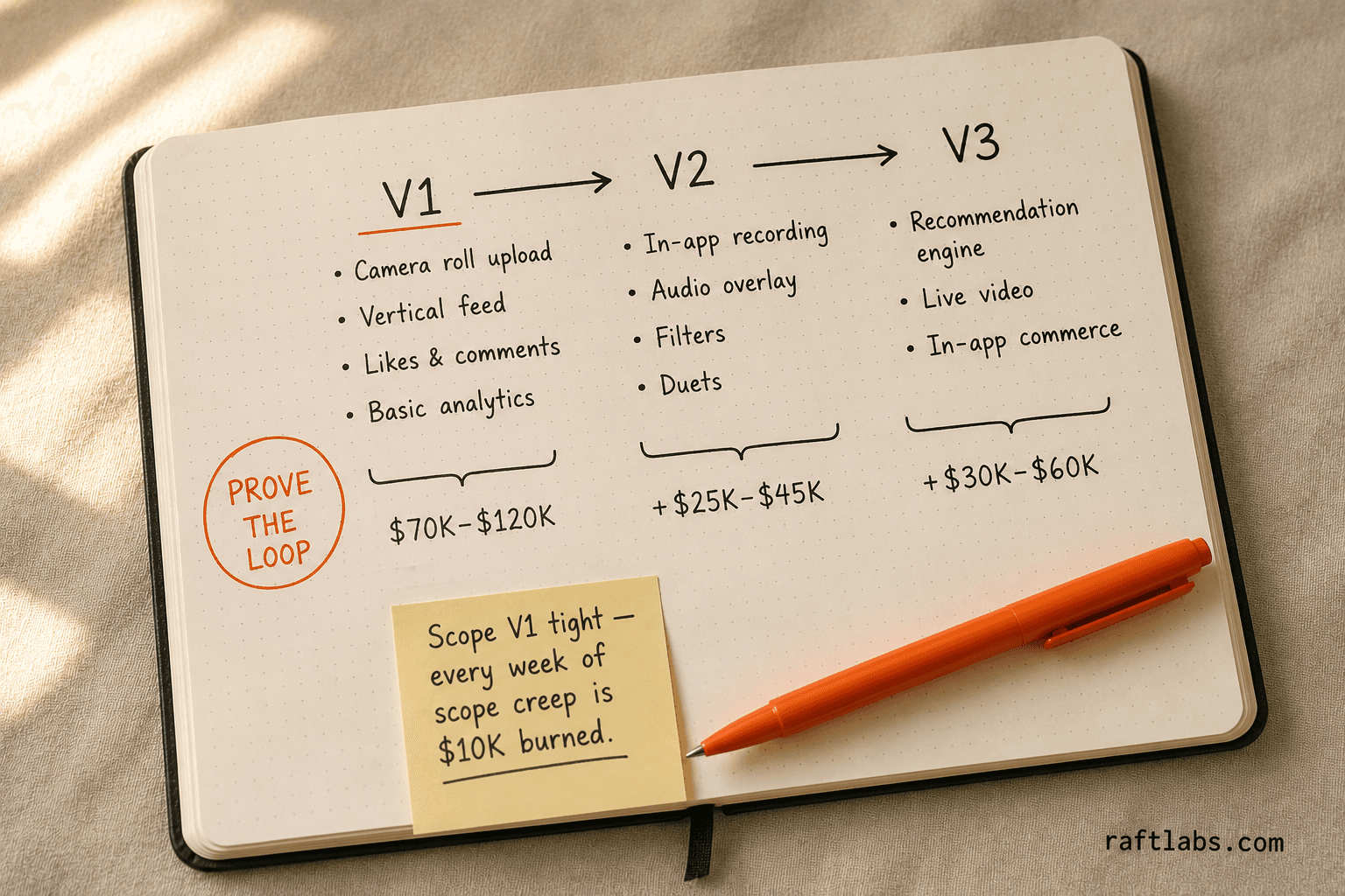 Three-phase build roadmap: V1 proves the create-and-consume loop, V2 reduces creator friction, V3 adds personalization and commerce