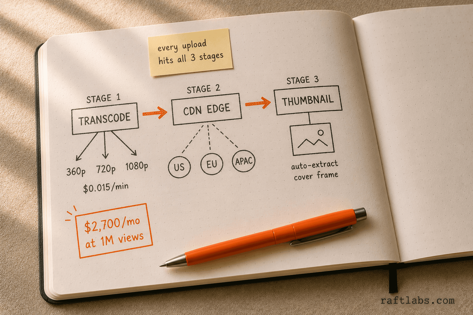 Three-stage video upload pipeline: transcode to multiple resolutions, CDN edge distribution, and thumbnail generation