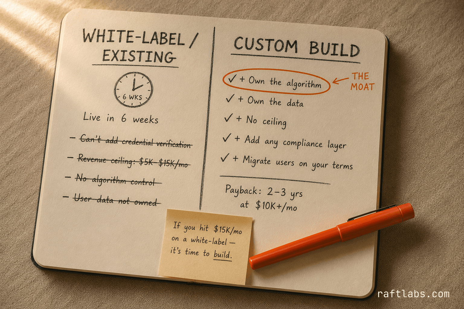 Before/after notebook comparison: white-label matching platform vs. custom build — showing revenue ceiling, algorithm ownership, and data control differences