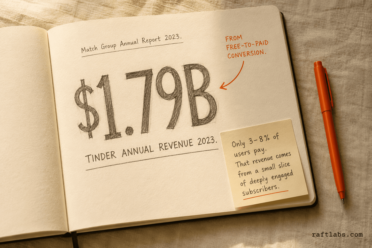 Tinder generated $1.79 billion in annual revenue in 2023 from a free-to-paid conversion rate of 3–8%