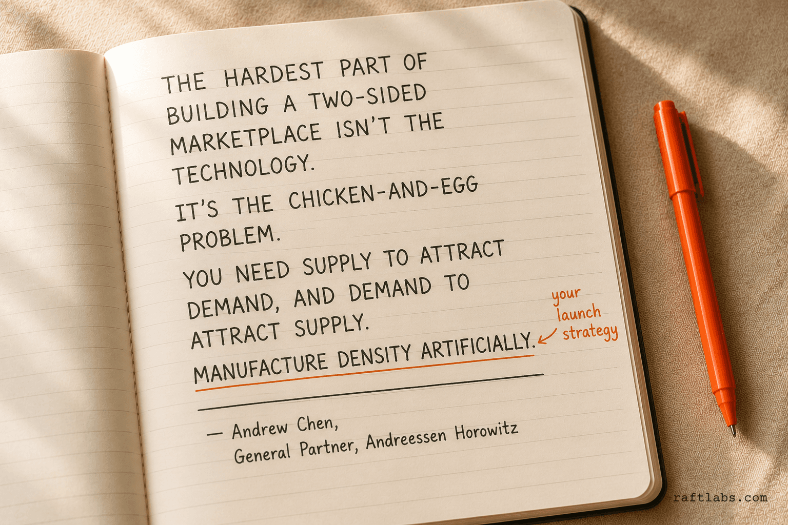 Handwritten notebook page with Andrew Chen quote on the chicken-and-egg problem in two-sided marketplaces, with "manufacture density artificially" underlined in orange