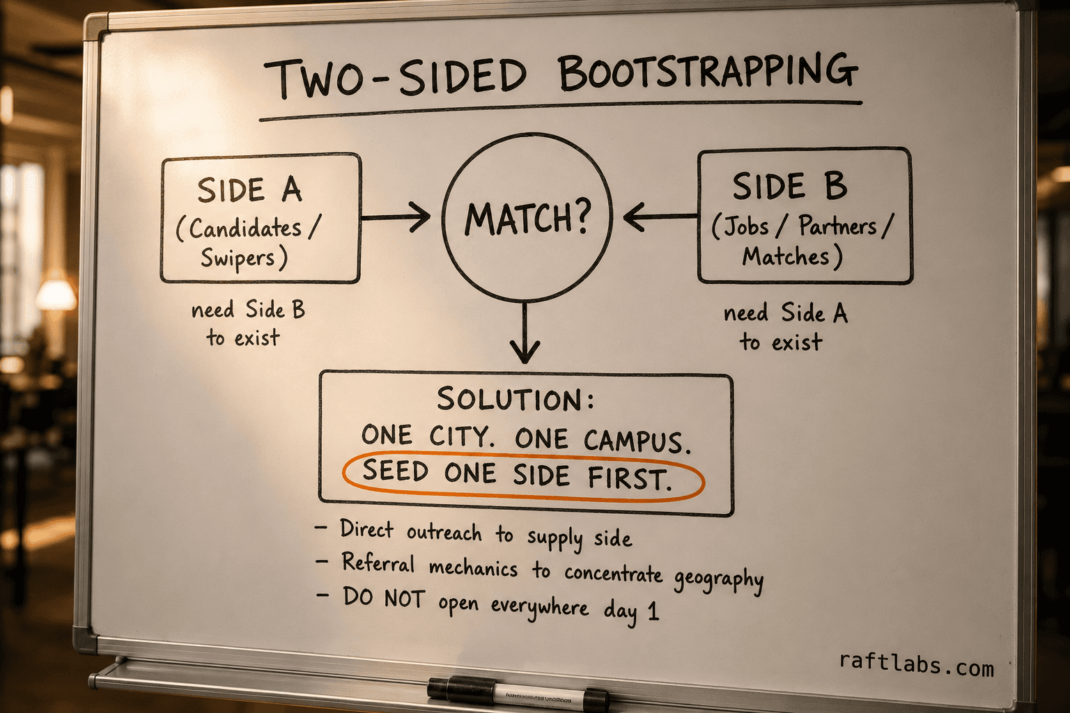 Whiteboard diagram of the two-sided market chicken-and-egg problem: Side A needs Side B, Side B needs Side A — solved by seeding one side in one geography first