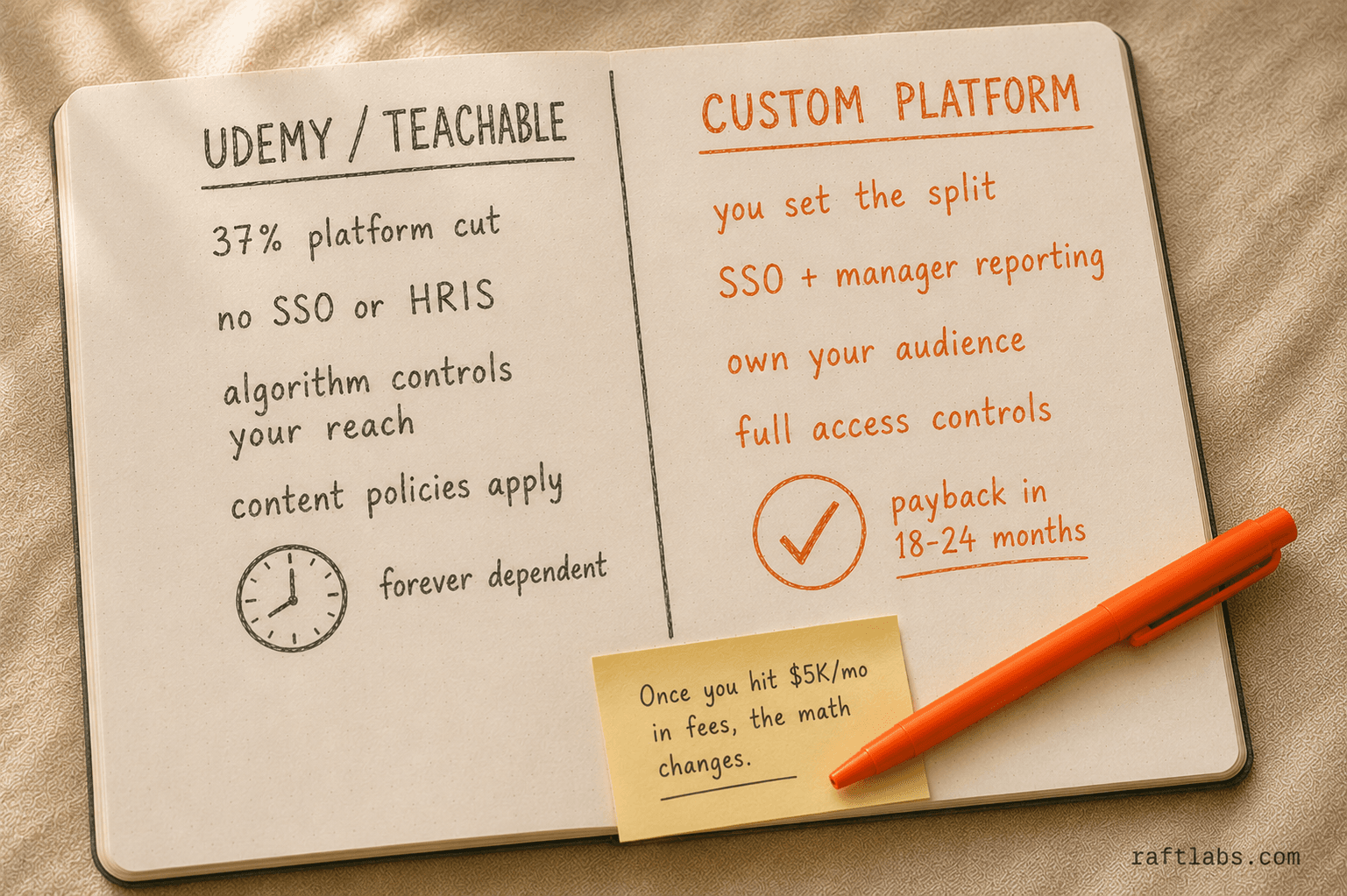 Before/after notebook comparing staying on Udemy vs building a custom course platform — fees, control, and payback timeline
