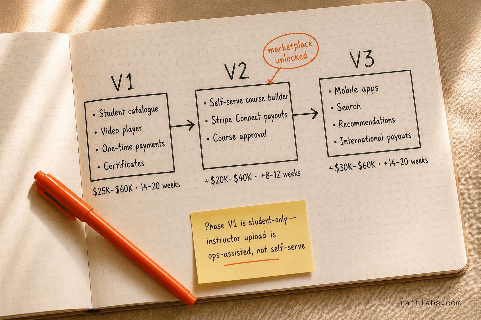 Three-phase course marketplace build roadmap: V1 student-side MVP at $25K–$60K, V2 instructor tools and Stripe Connect payouts, V3 mobile apps and advanced search