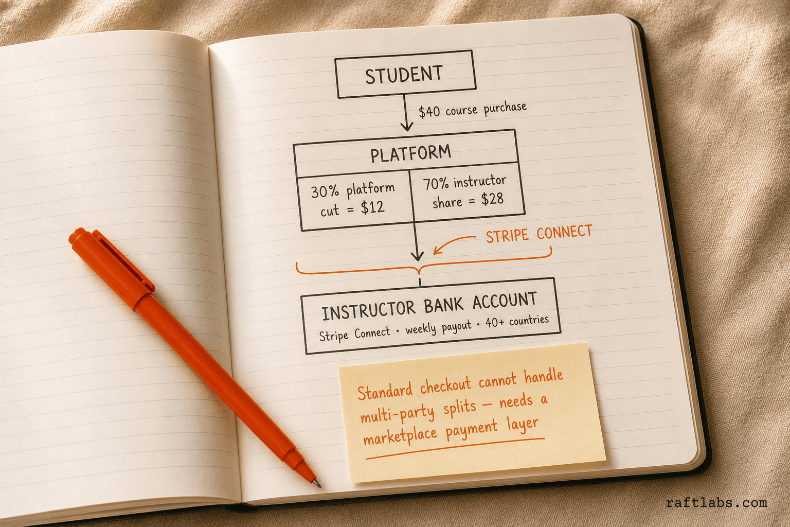 Stripe Connect payout flow: student pays $40, platform routes 70% to instructor bank account and keeps 30%, with Stripe Connect handling the split across 40+ countries