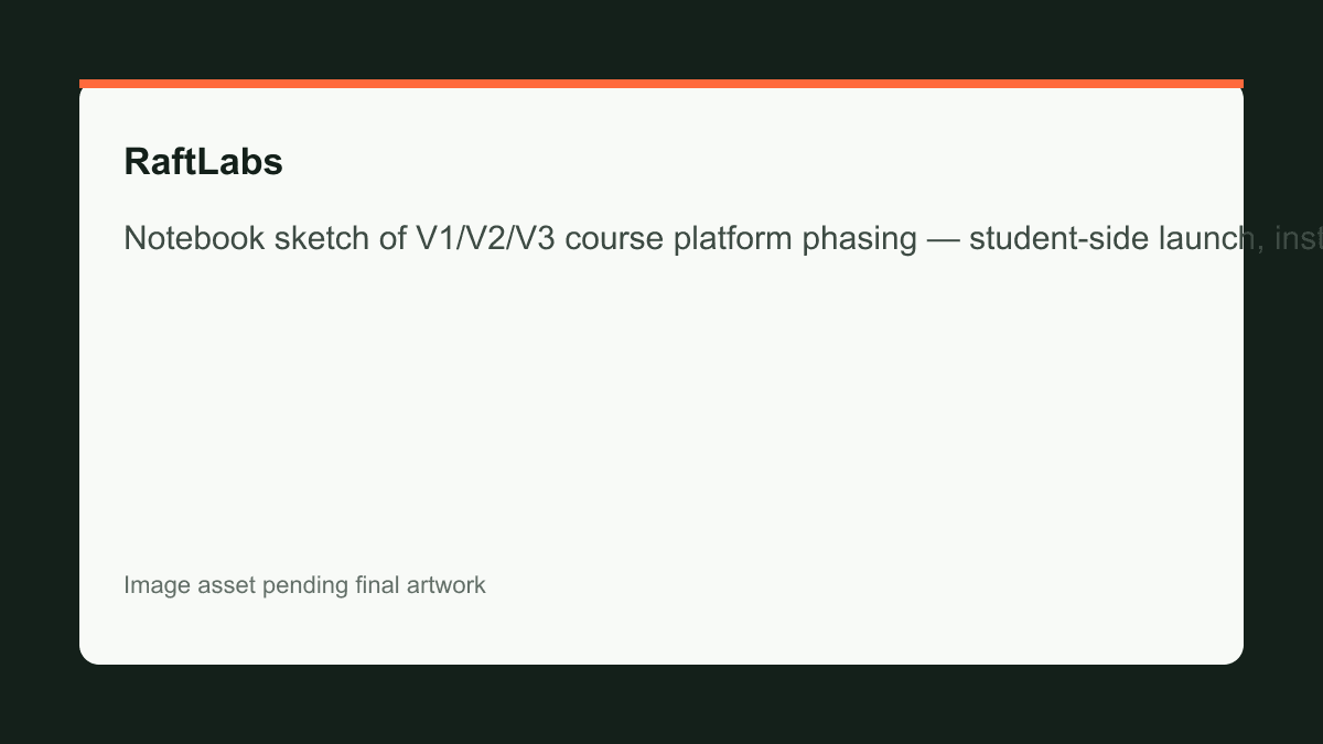 Notebook sketch of V1/V2/V3 course platform phasing — student-side launch, instructor tools in growth, scale features last