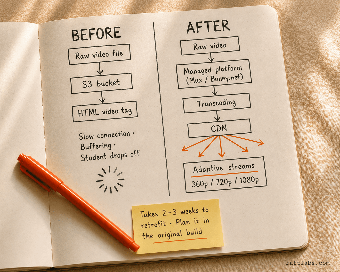 Before and after: naive S3 plus HTML video tag causes buffering for slow connections; managed platform with CDN and adaptive bitrate streaming delivers reliably to global students