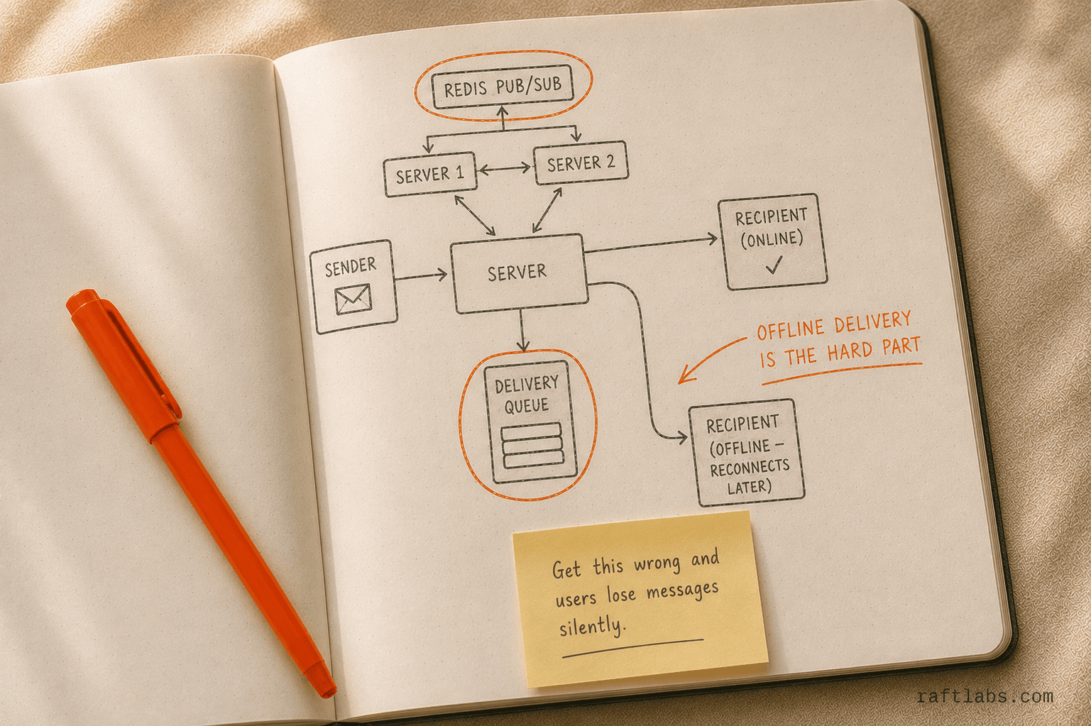 Message delivery architecture showing WebSocket flow, delivery queue, and Redis Pub/Sub routing