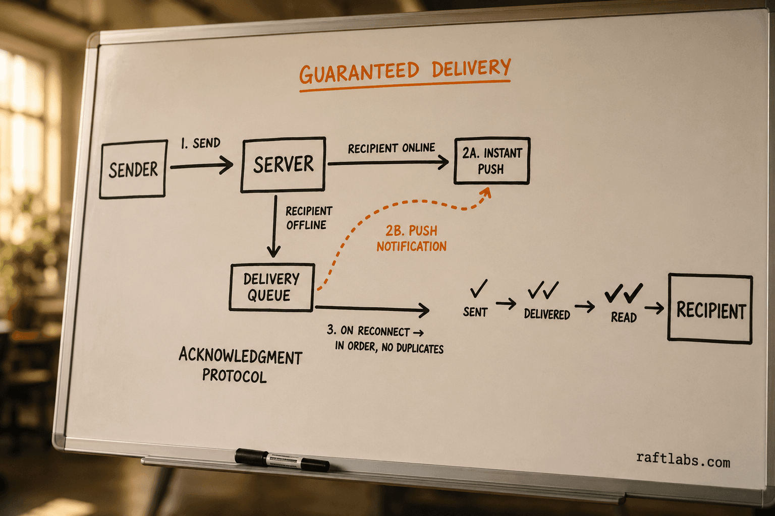 Message delivery state machine showing sender to server to recipient flow with offline queue and acknowledgment ticks