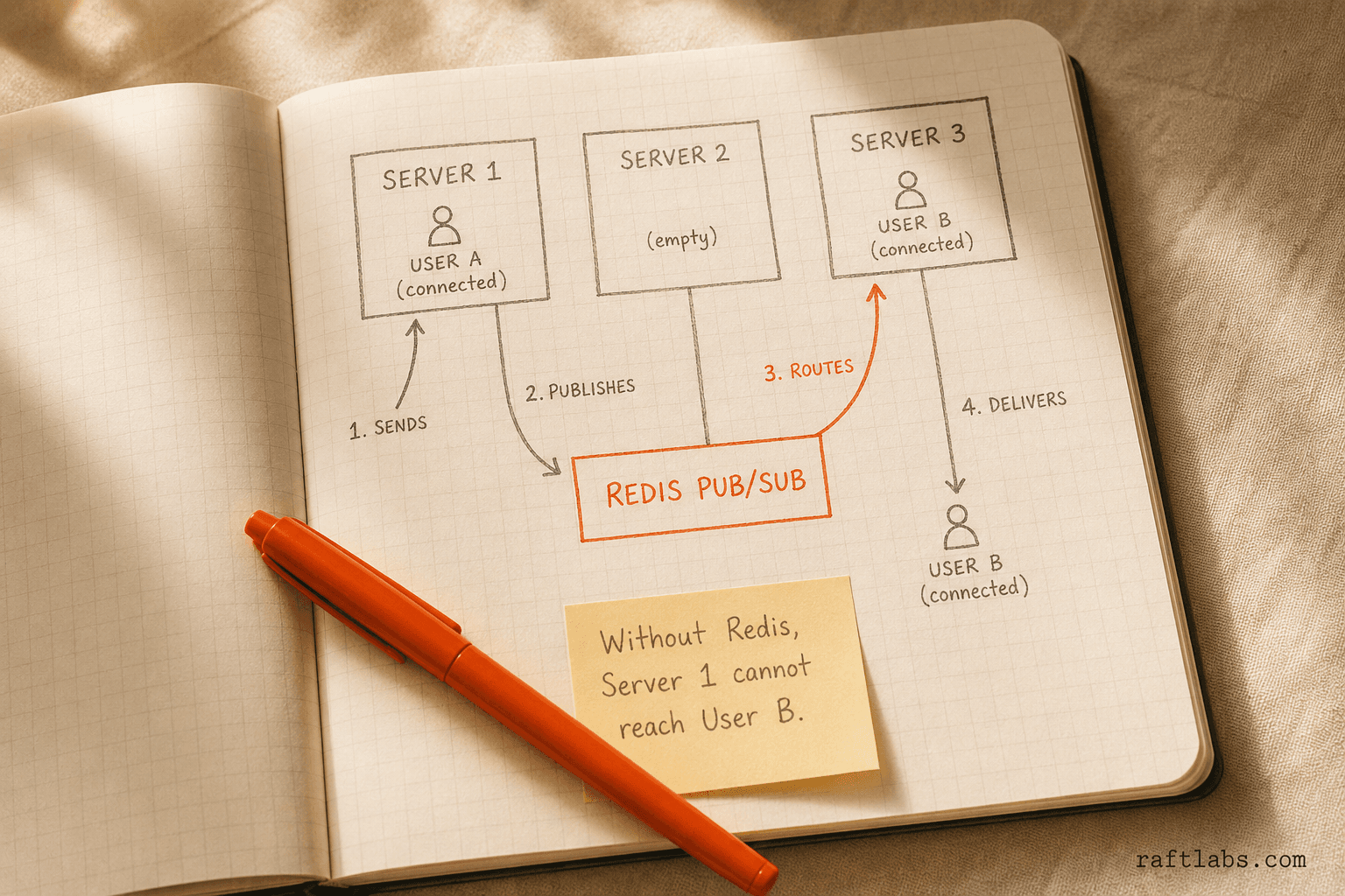 Notebook diagram showing Redis Pub/Sub routing a message from User A on Server 1 to User B on Server 3 via four numbered steps