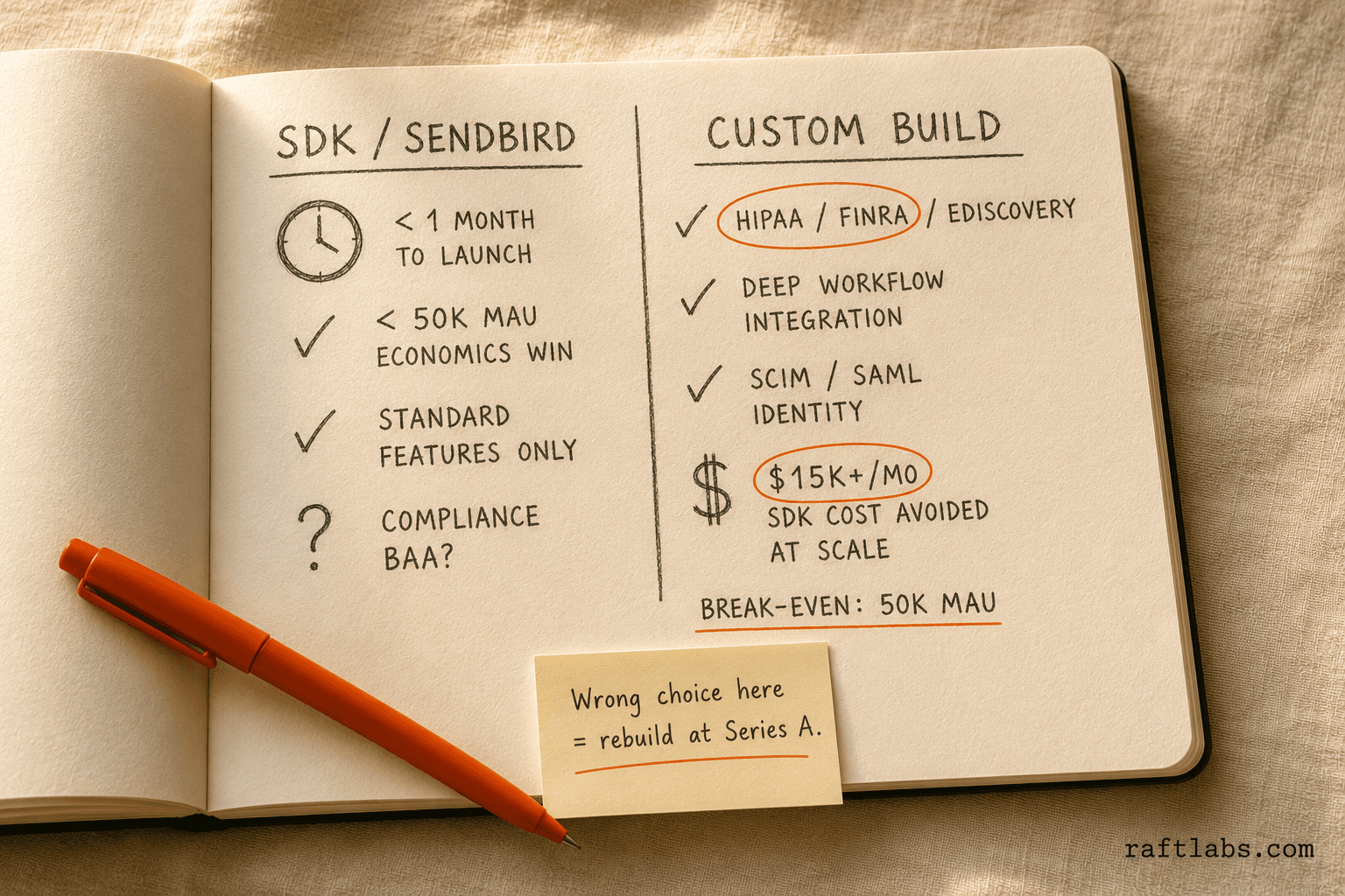Side-by-side comparison of messaging SDK versus custom build decision criteria