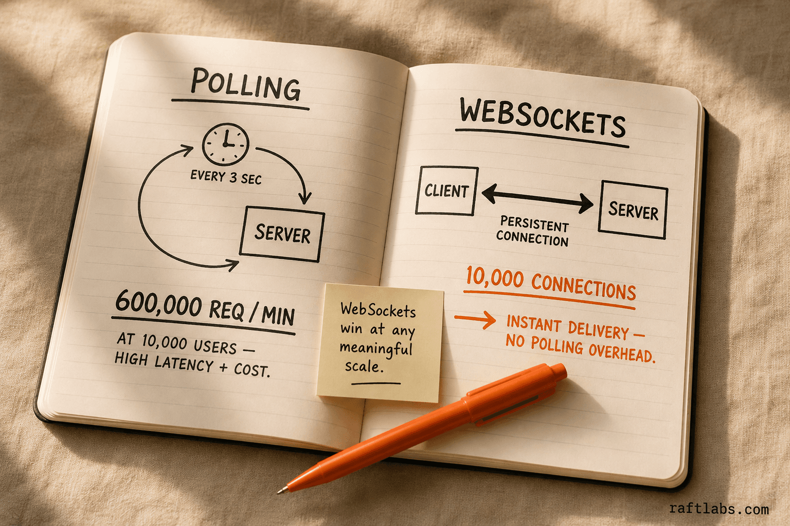 Notebook comparison of HTTP polling at 600,000 requests per minute versus WebSockets at 10,000 persistent connections