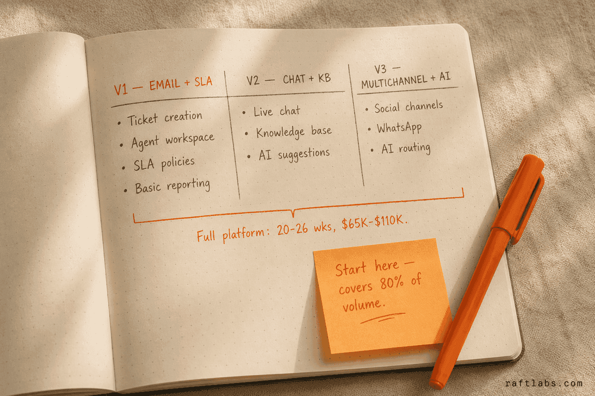 Three-phase build plan for custom customer support software development: V1 email and SLA, V2 live chat and knowledge base, V3 multi-channel and AI routing