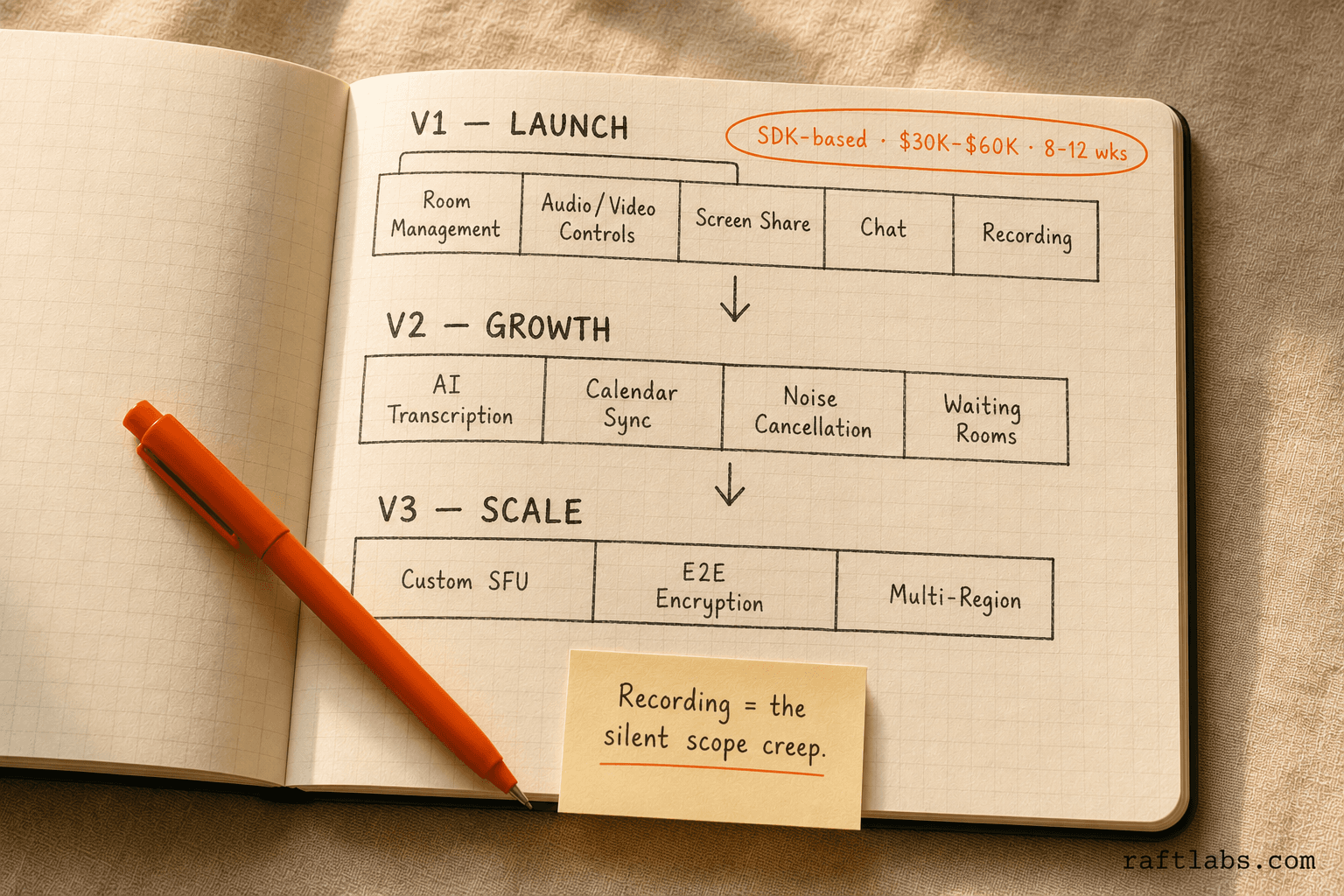 Video conferencing MVP feature roadmap: V1 launch essentials, V2 growth features, and V3 scale infrastructure across three phases