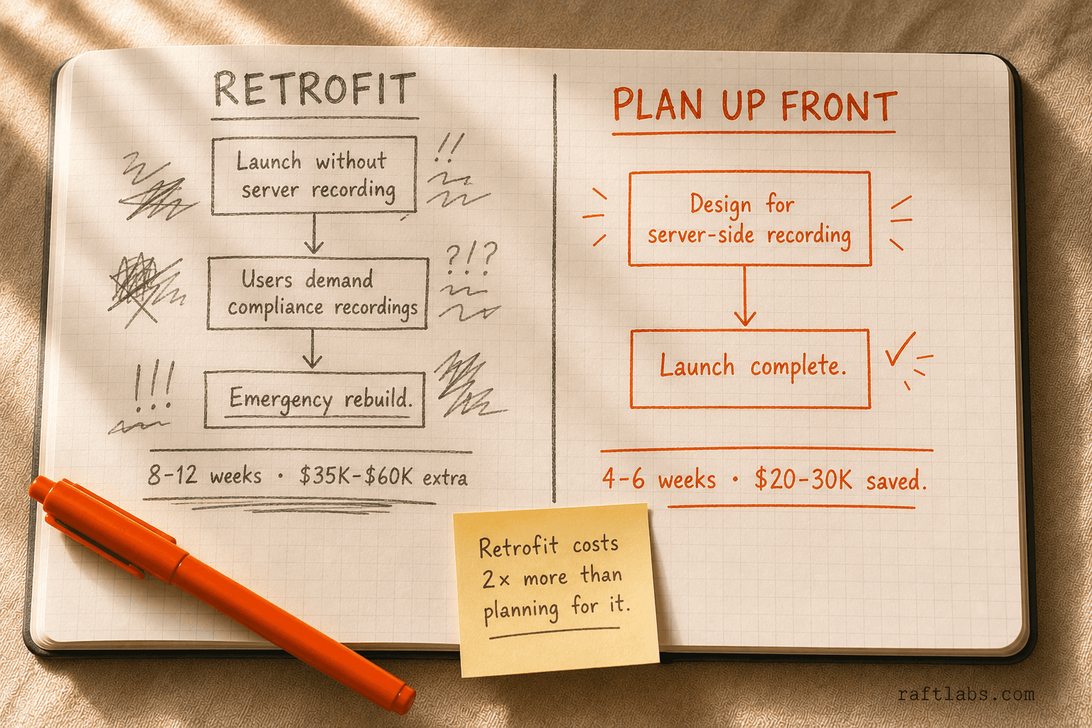 Notebook split showing the retrofit path (8–12 weeks, $35K–$60K extra) on the left versus planning for server-side recording upfront (4–6 extra weeks, $20–30K saved) on the right