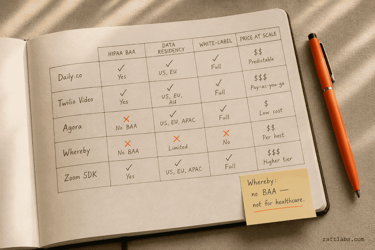 Comparison grid of Daily.co, Twilio Video, Agora, Whereby, and Zoom SDK across HIPAA BAA, data residency, white-label, and scale pricing for regulated industries