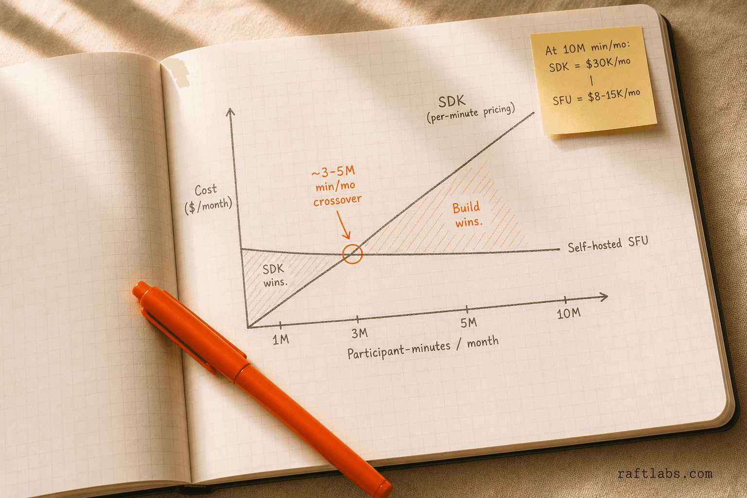 Notebook graph showing SDK per-minute cost rising above self-hosted SFU infrastructure cost at the 3–5 million participant-minutes per month crossover point