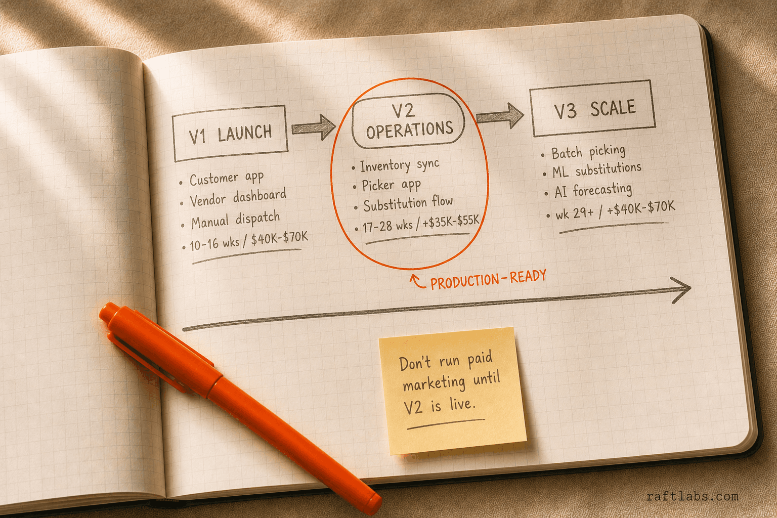 Grocery delivery app development roadmap showing V1 launch, V2 operations, and V3 scale phases with timelines and costs