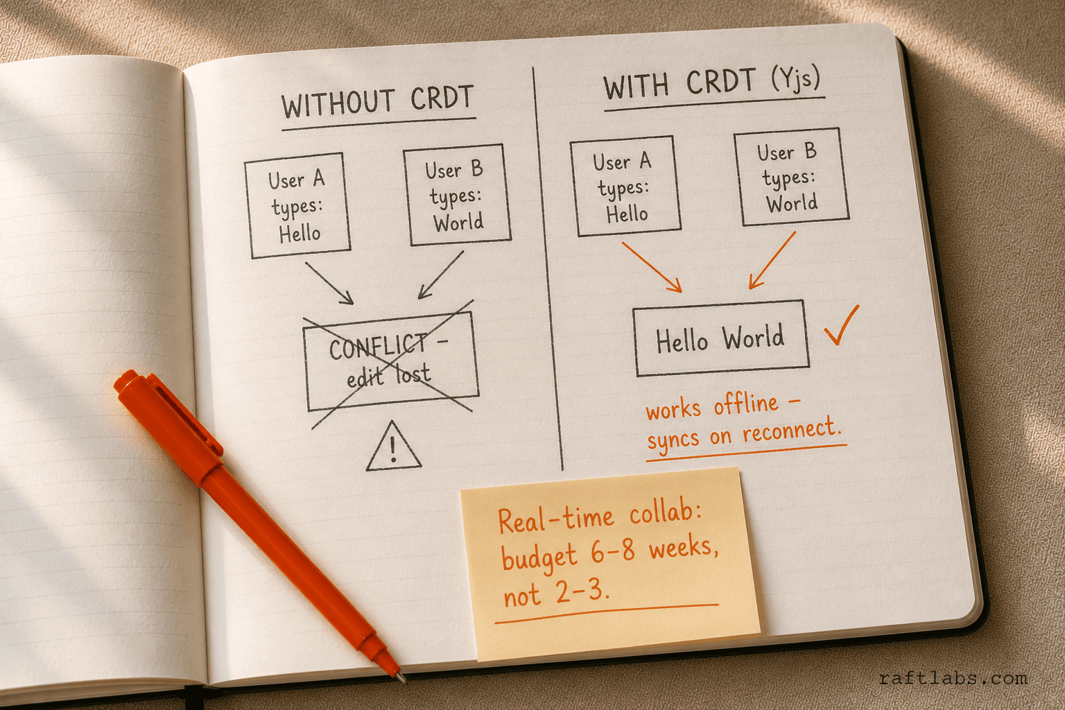 Before and after notebook sketch comparing concurrent edits without CRDT causing data loss versus Yjs CRDT automatically merging both users' edits with offline sync support