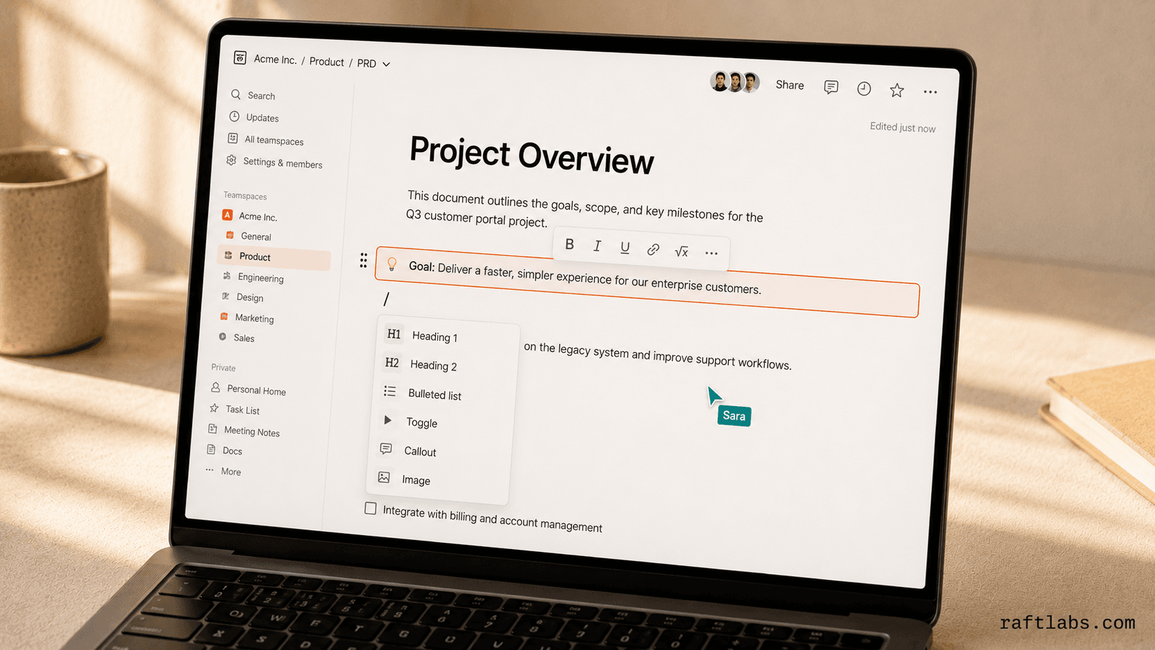 TipTap block editor UI showing slash command menu, drag handles, inline formatting toolbar, and a live collaborative cursor from a second user