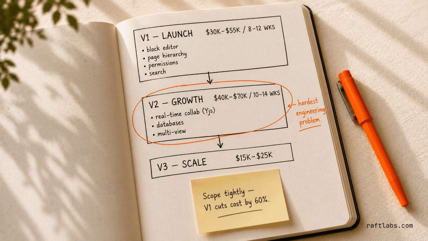 Three-phase workspace build diagram: V1 launch for $30K-$55K, V2 growth adding real-time collaboration and databases, V3 scale for relations and public sharing